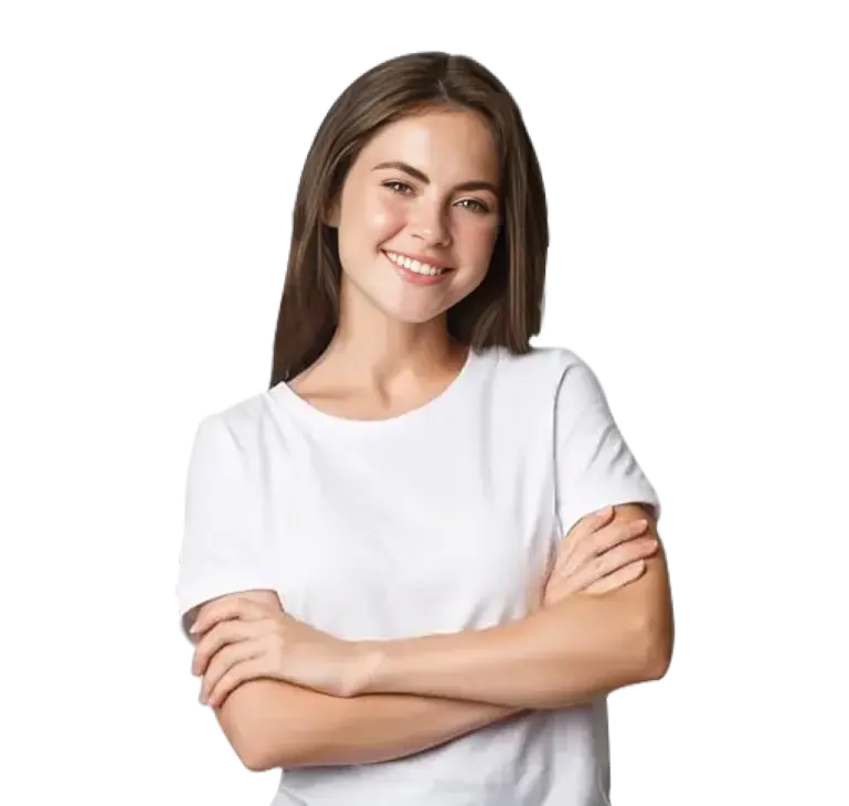 Smiling woman with long brown hair, wearing a white t-shirt, standing with her arms crossed, representing friendly customer support